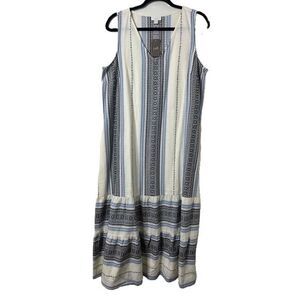 J Jill Size Petite Large White Blue Sleeveless V-Neck Aztec Printed Ruffle Dress